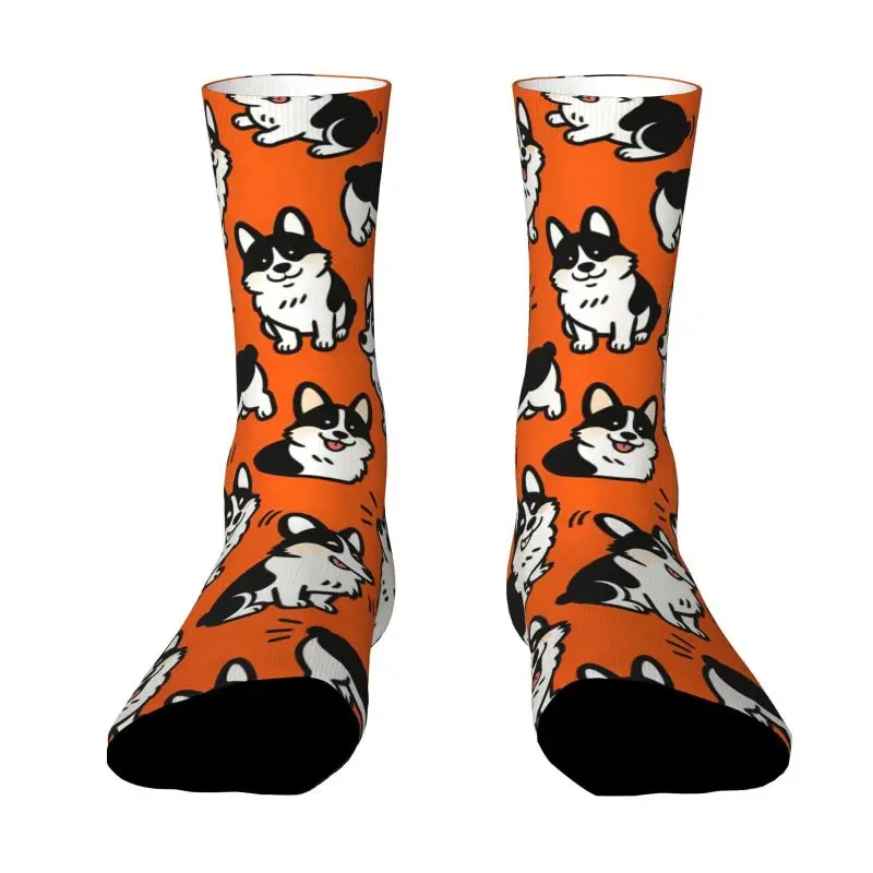 A Pair of Unisex Spring/summer Outdoor Socks Featuring a Lively and Adorable Black-and-white Corgi Dog Pattern on an Orange Base