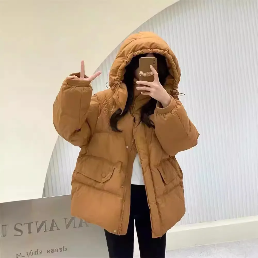 Long Casual Loose Padded Women's Coat with Waist-closing Hooded in Winter 2025 in Korean Version