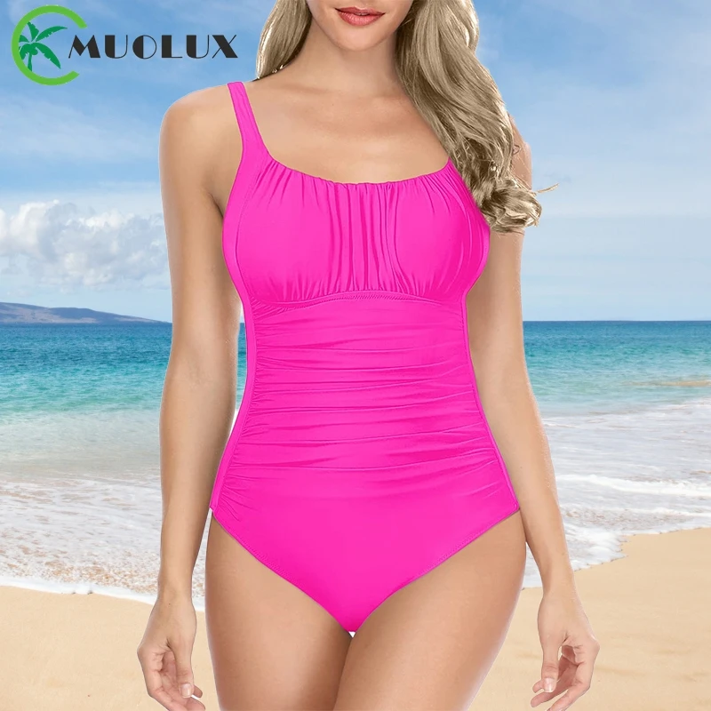 

Women's Tummy Control One Piece Swimsuit 2025 Ruched Monokini Large Size Vintage Solid Swimwear Beachwear Female Bathing Suit
