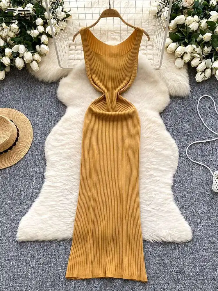 Babyoung sexy kniiting chique vestidos femininos sem mangas o pescoço bodycon sólido magro de alta qualidade elástico básico longo vestido tanque