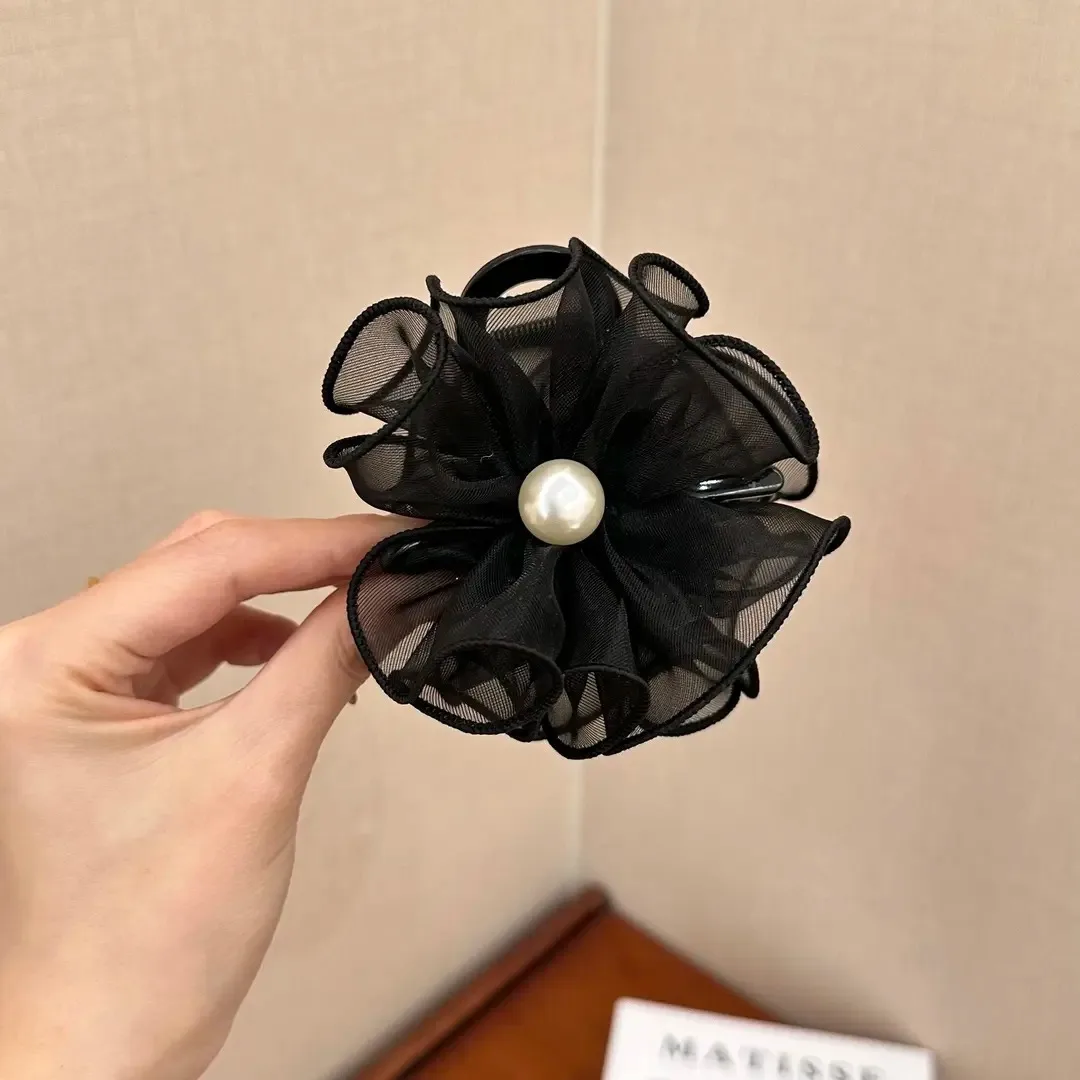 Mesh Flower Pearl Hair Claw Clip Women Girls Sweet Elegant Ponytail Hairpin Vintage Hairgrip Acrylic Girl Hair Style Accessories