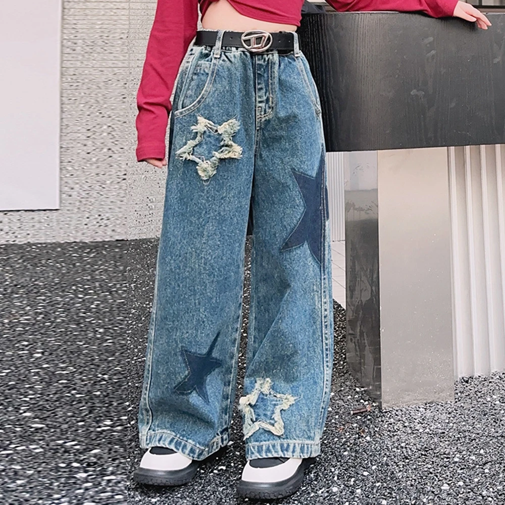 Girls Five Star Pattern Jeans Spring Fashion Teenage School Casual Straight Wide Leg Jeans for Kids 4-15 Years Children Trousers