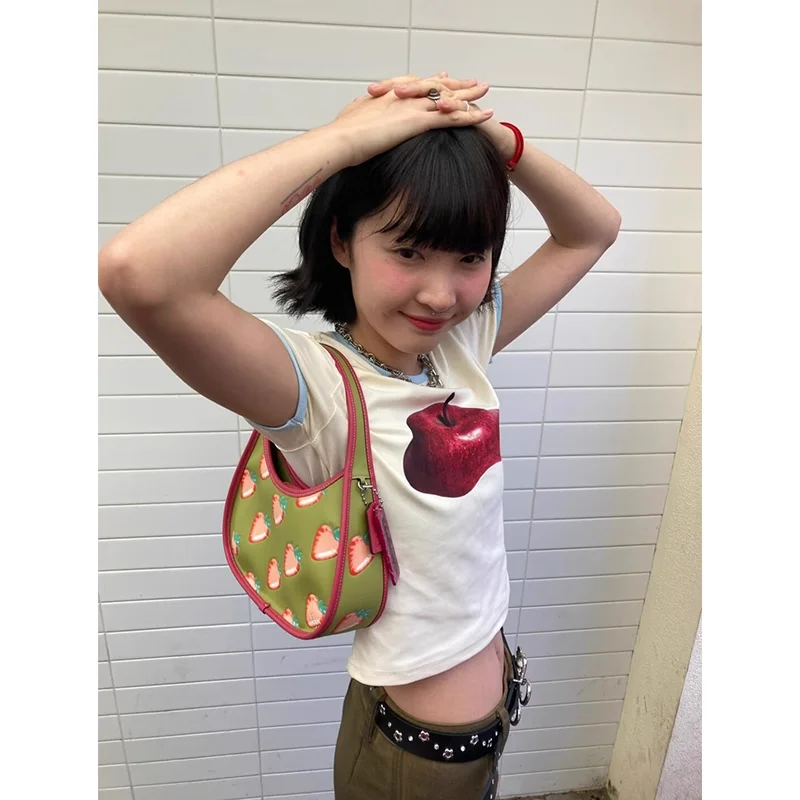 

Women Contrast Color Print Short Sleeved Tshirts 2025 Summer Round Neck Slim Fit Crop Top Sweet Y2k Grunge Tees