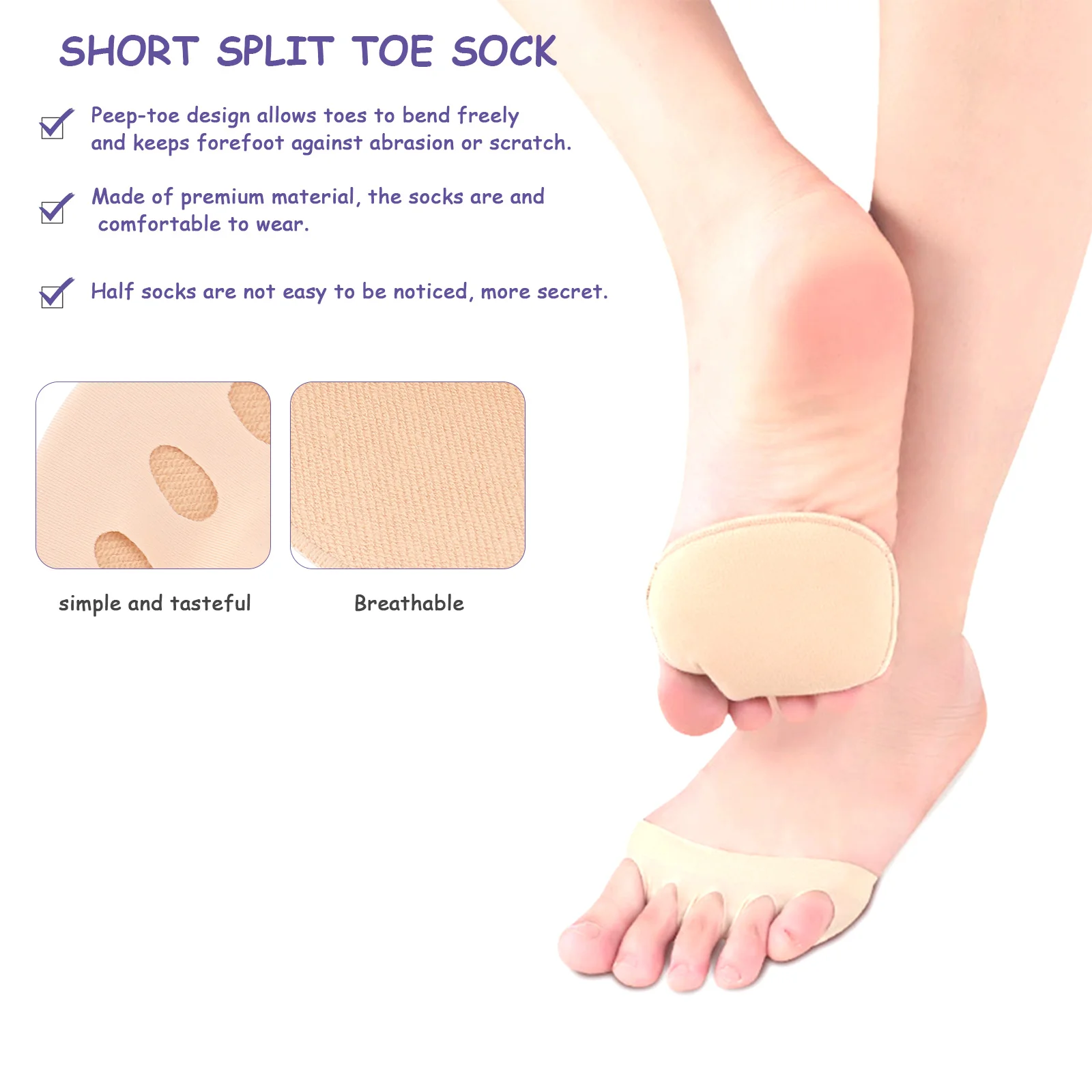 

2pcs Five Toe Socks Black Skin Color Half Socks Breathable Peep Toe Design For Sports Shoes