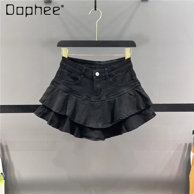 Summer Denim Ruffle Mini Skirt Women High Waist A Line Slim Tiered Cake Skirt Solid Color 2024 Summer Fashion Female Clothing