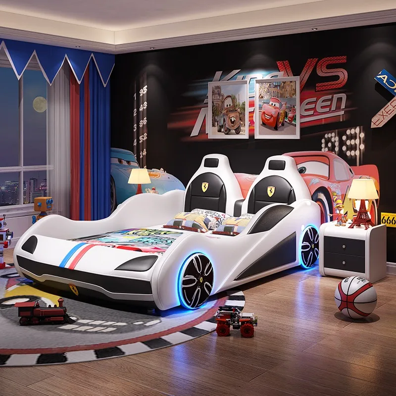 

‌Luxury Coupe Car Bed for Boys - Upholstered Solid Wood Frame with Premium Faux Leather, Whimsical Design for Spacious Bedrooms