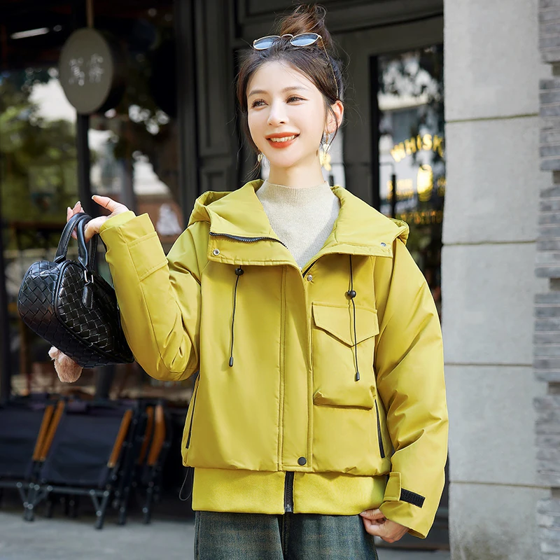 

Желтый повседневный свободный хлопковый жакет, женское зимнее новое удобное хлопковое пальто с капюшоном, верхняя одежда