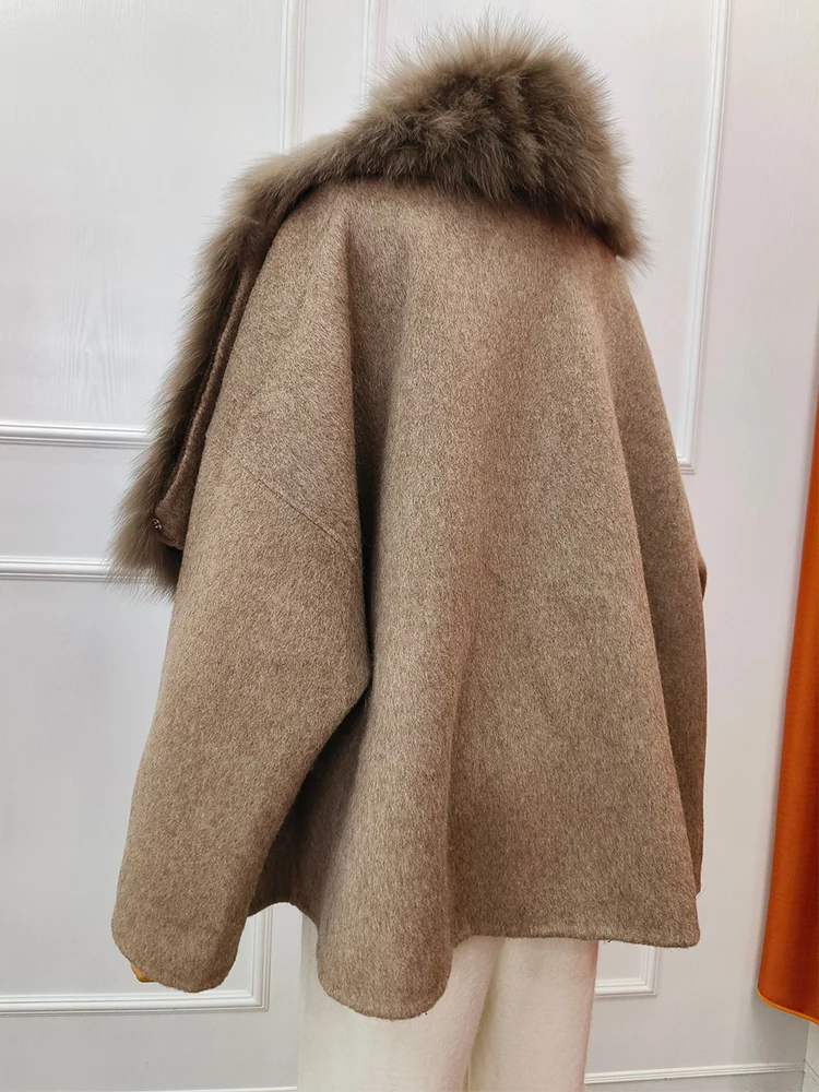 Hand Make Women Winter Oversize Woolen Jacket Real Fox Fur Collar and Pocket Decoration Woolen Coat