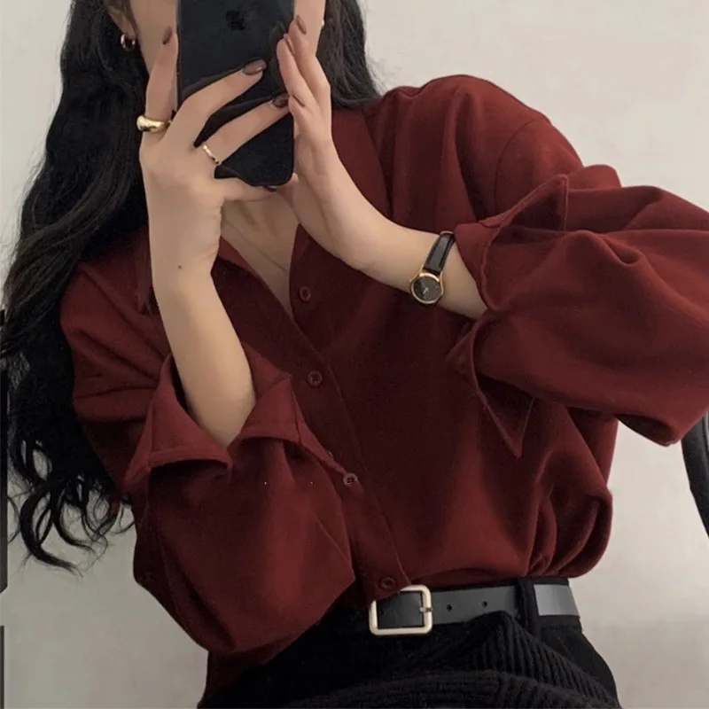 Retro Style High Temperament V-neck Women's Shirt Long Sleeved Shirt Loose Style Top Women's Clothing Red Rose white