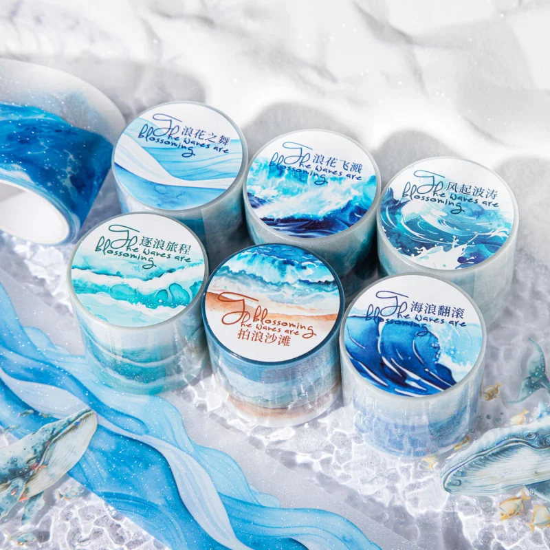 1 Roll Wave Theme Decorative Tape, Continuous Ocean Pattern Sticker for DIY Crafts & Planner
