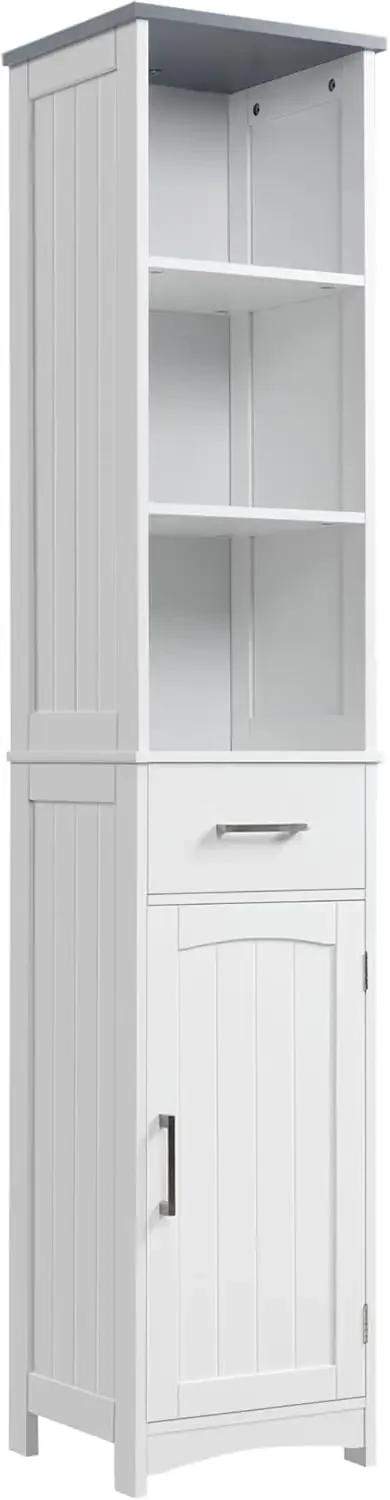 

Narrow Bathroom Cabinet with 3 Tier Shelving, Drawer and Adjustable Shelves, Slim Freestanding Linen Tower, White