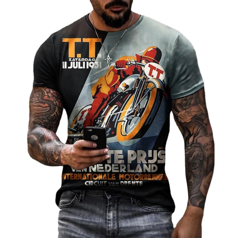 Retro Men\'s T Shirt 3d Vintage Motorcycle Oversized Tshirt For Men Clothing Biker Racing T-shirts Motor Tees Tops Summer Apparel