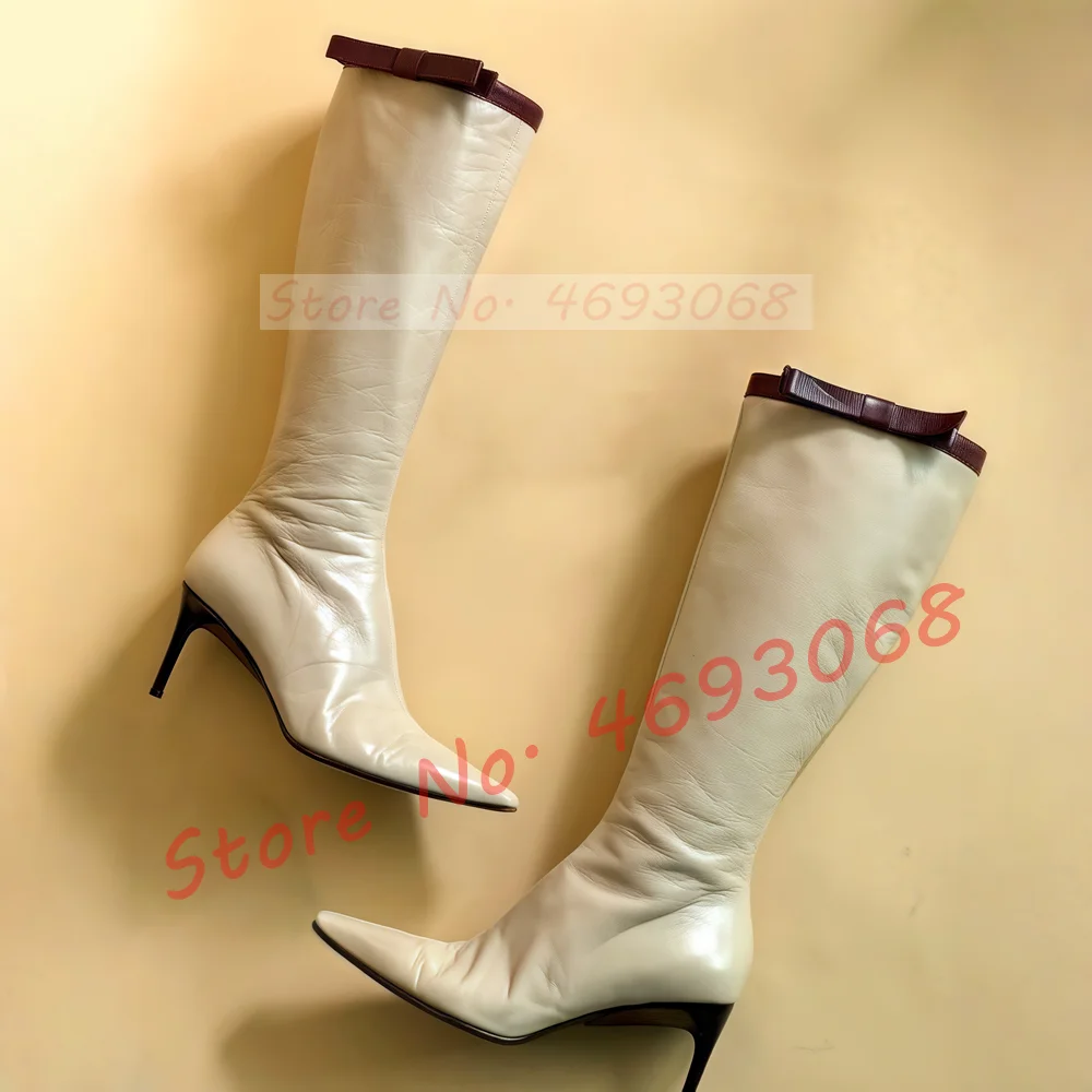 Ivory White Knee High Boots Women Sexy Bow Strap Decor Pointed Toe Pull On High Heel Ladies Smooth Leather Nifty Slim Tall Boots