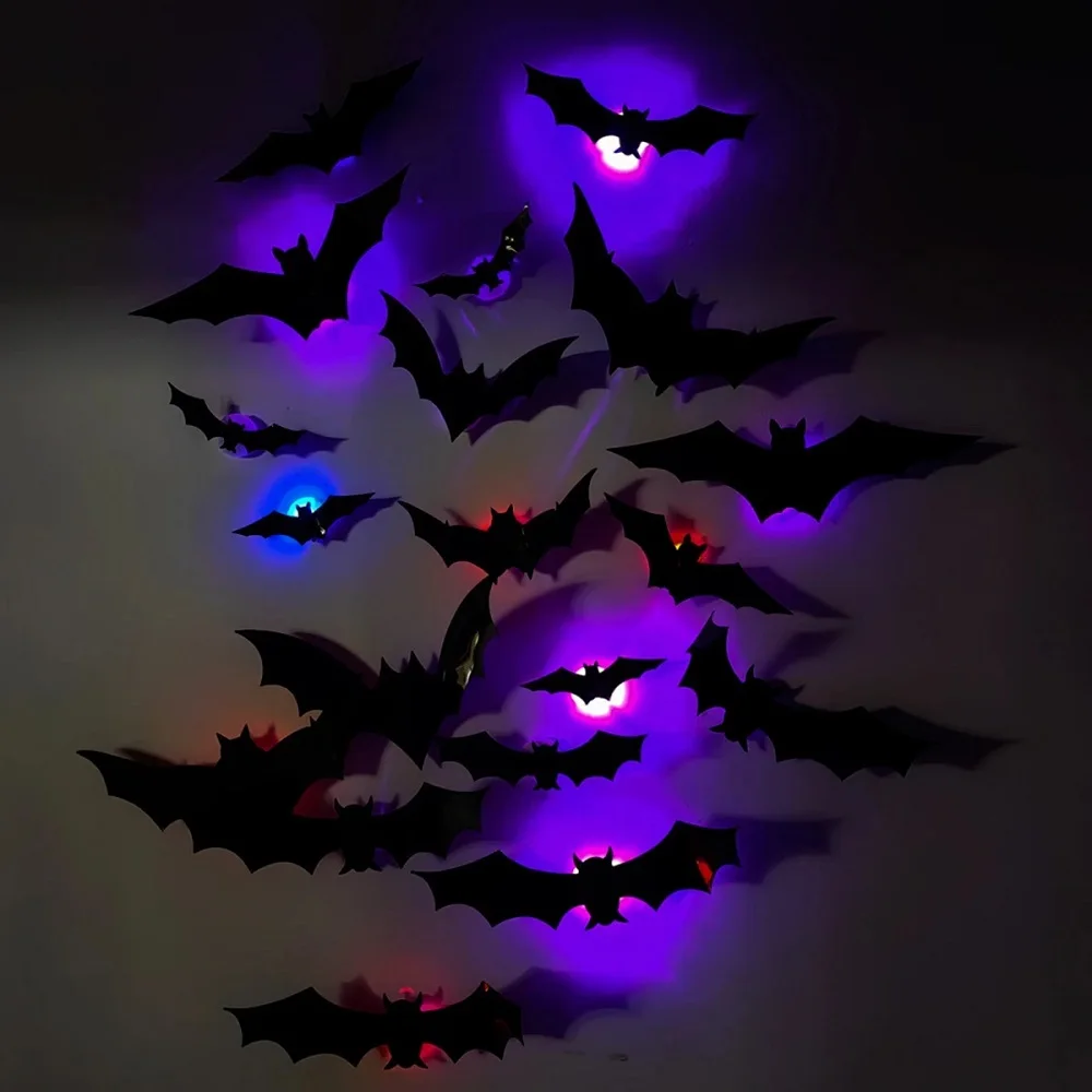 12/24 szt. Halloween nowa z nocnym Light Bat PET stereoskopowy nietoperz festiwalowa dekoracja nocna lampka na ścianę naklejka LED