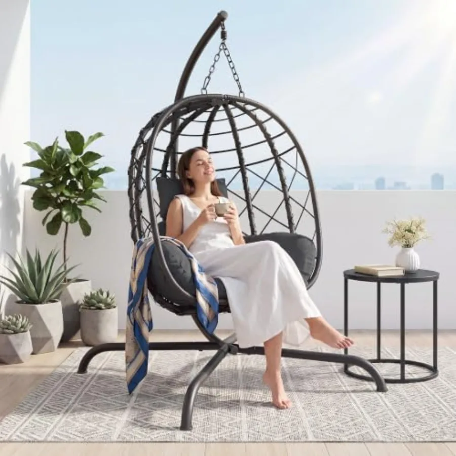 Hanging Egg Chair with Stand Patio Wicker Rattan Swing Chair Hammock Egg Chair for Indoor and Outdoor 400lbs Capacity with Thic