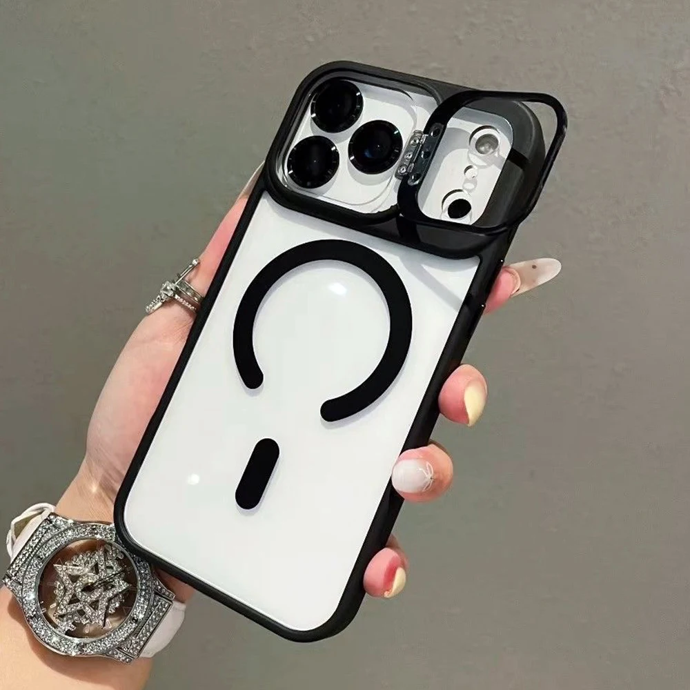Metall Kamera Halter Magnetische Klare Telefon Fall Für iPhone 17 Air 16 15 14 13 17 Pro Max Für Magsafe Airbag stoßfest Hard Cover