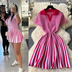 Vintage Striped Knitted Mini Dress Women Polo-neck Short Sleeve High Stretch Fit A-line Casual Dresses Streetwear Vestidos