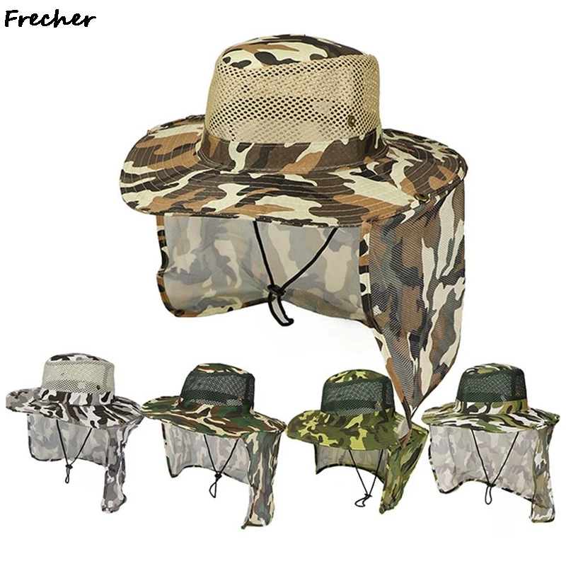 

Wide Brim Bucket Hat with Adjustable Strap Summer UV Protection Sun Hats Hunting Hiking Climbing Panama Mesh Camouflage Chapeau