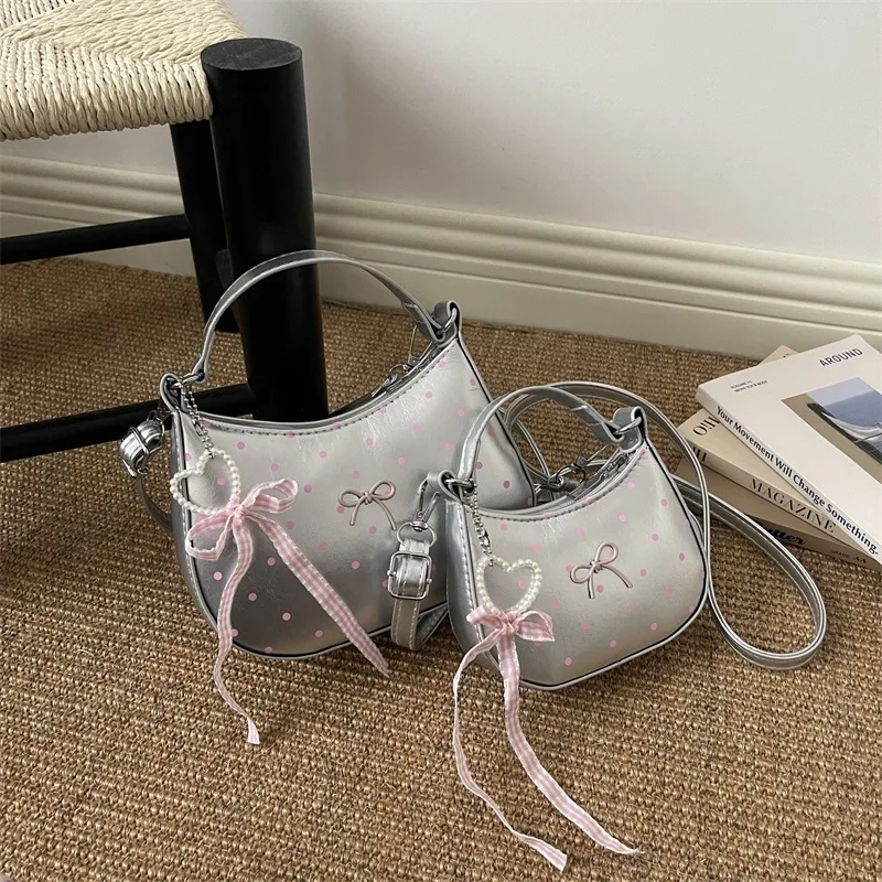 2026 New Niche Bow Dot Print Crescent Underarm Bag for Women Fashion Crossbody Shoulder Bag Versatile Trendy Handbag Purse