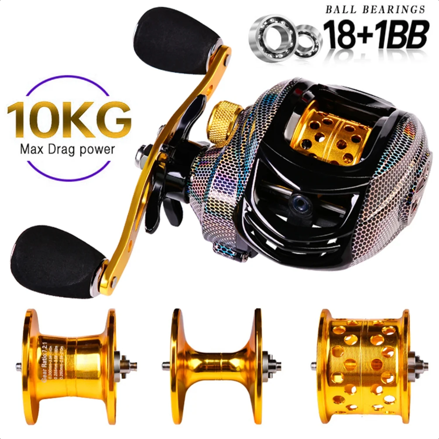 

Baitcasting Reel 18+1BB Casting Reel Smooth Metal 7.2 1 Gear Ratio Fishing Reel with or Deep or Shallow Spool Bass