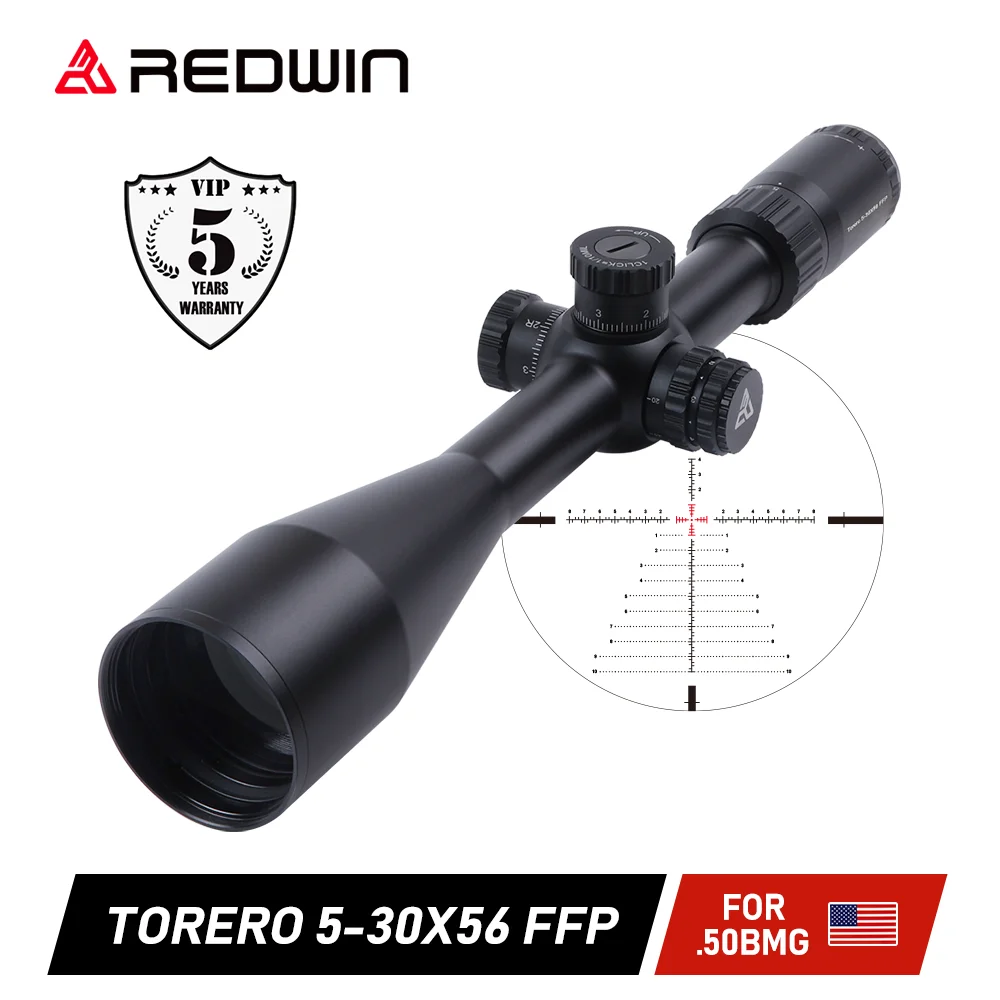 Red Win Torero HD 5-30x56 FFP Precision Rifle Scope Long Range 1/10Mil High Profile Turret Adjust 6 Gear Red IPX7 Hold .50 BMG