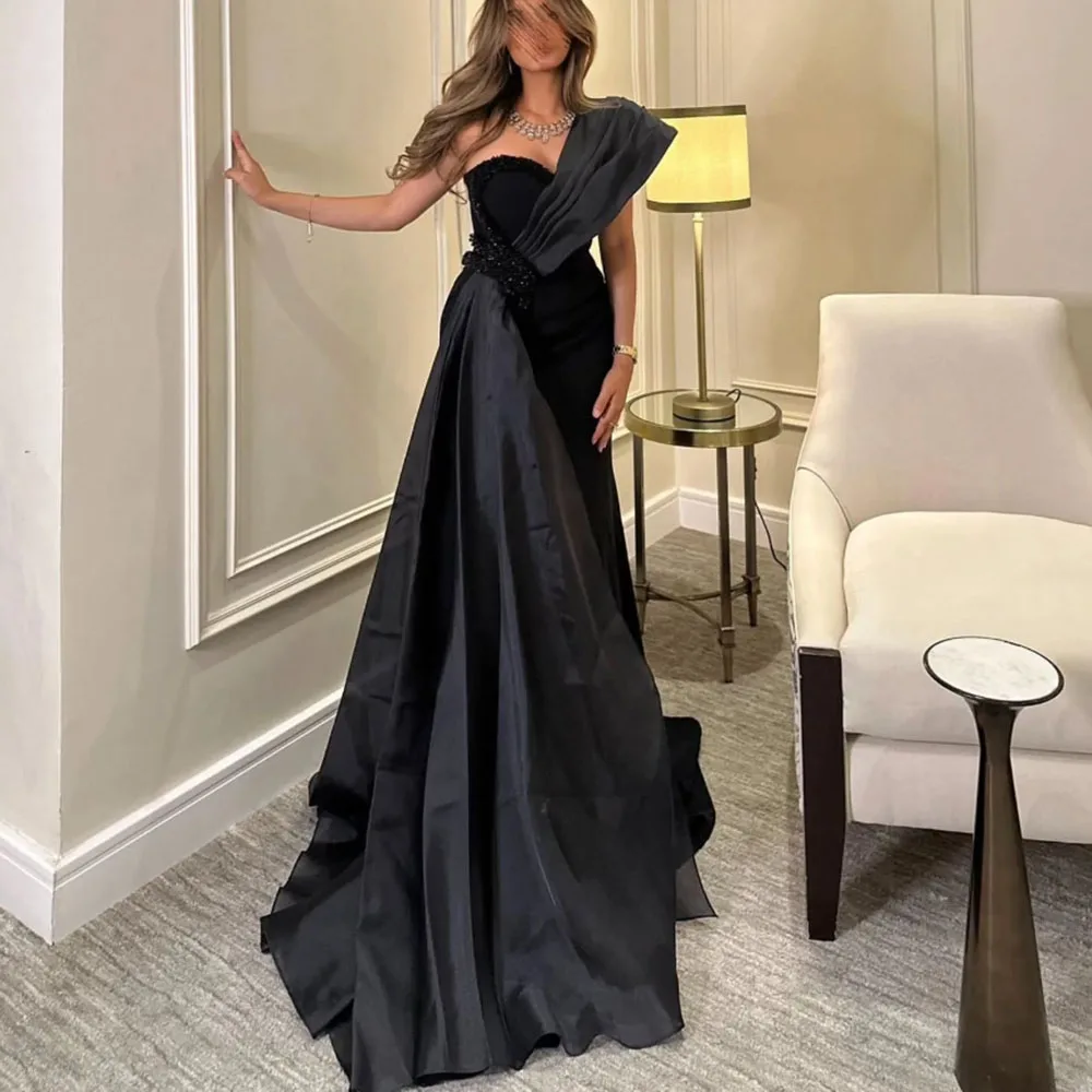 

Customized Sweet Heart Black A-line Evening Dress With Grey Chiffon Sweep Train Sleeveless Backless Party Prom Gown For Women