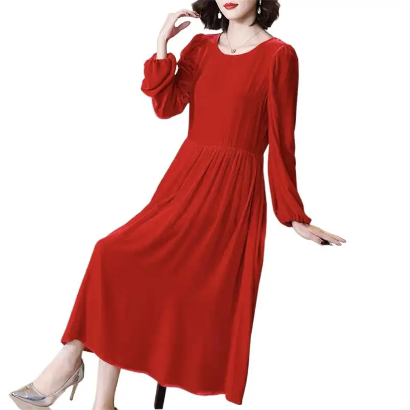 

Designed Women Velvet Dresses Autumn Retro Long Lantern Sleeve O-Neck Elegant Solid Dress Korean Holiday Dress vestidos de mujer