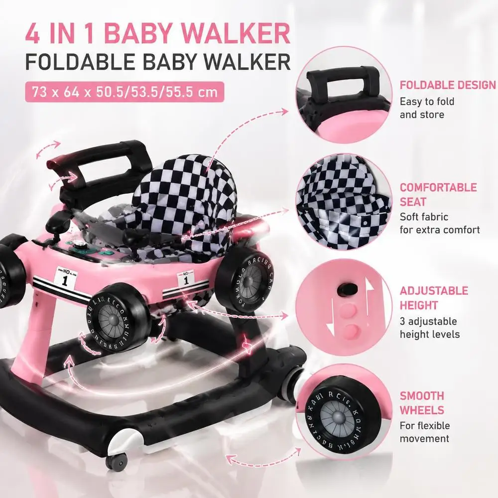 4-in-1 Baby-Lauflernwagen, faltbarer Baby-Lauflernwagen, 73 x 64 x 50,5/53,5/55,5 cm, Rosa