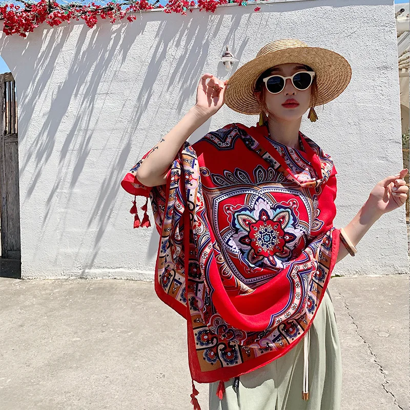 コットンリネン軽量スカーフプリント日焼け防止カバーアップショールボヘミアンビーチシーサイド特大ラップ女性夏 ​