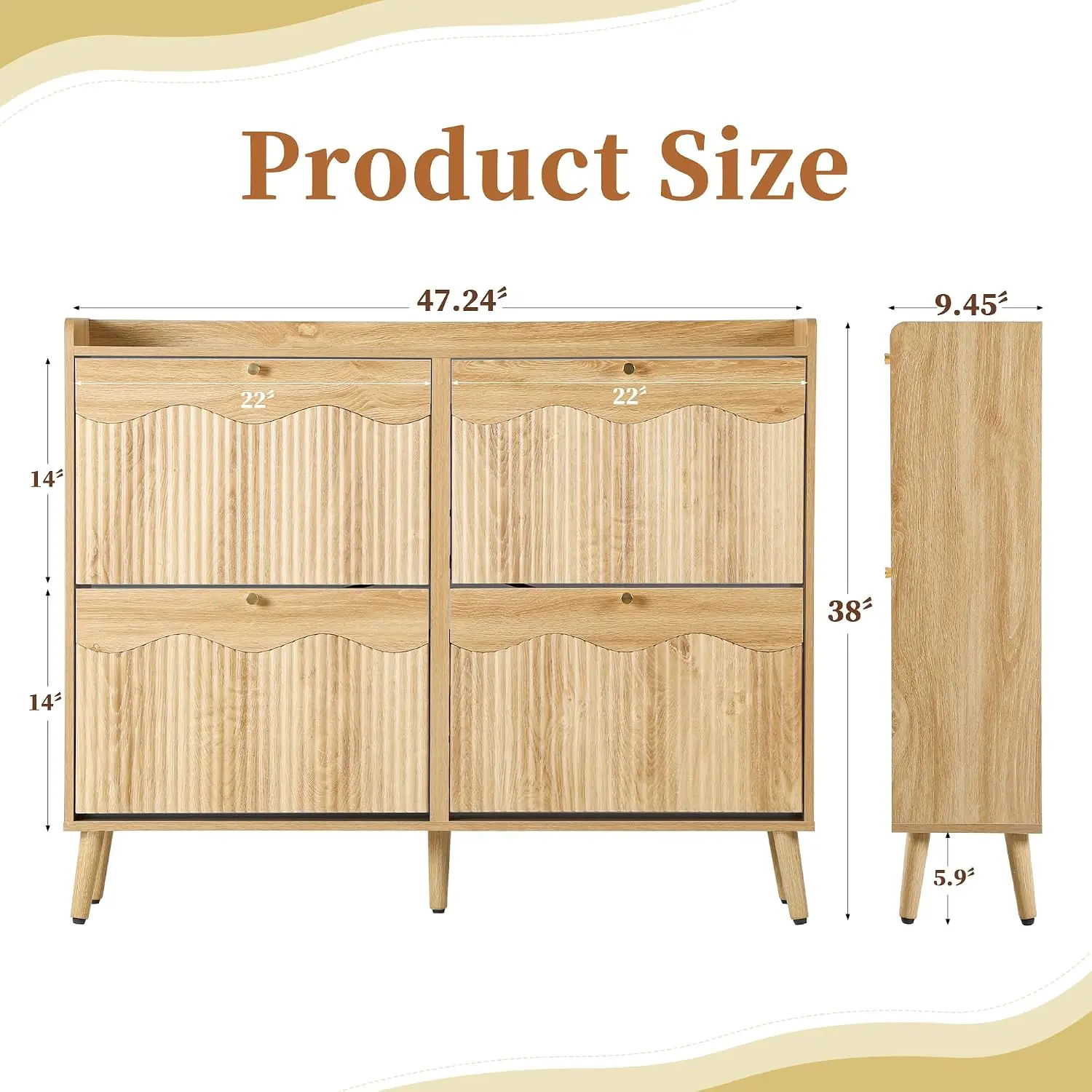 Natural Shoe Cabinet With 4 Flip Drawers, Narrow Entryway Hidden Rack, 32 Pairs Fluted Wave Pattern Wood Organizer, Customized