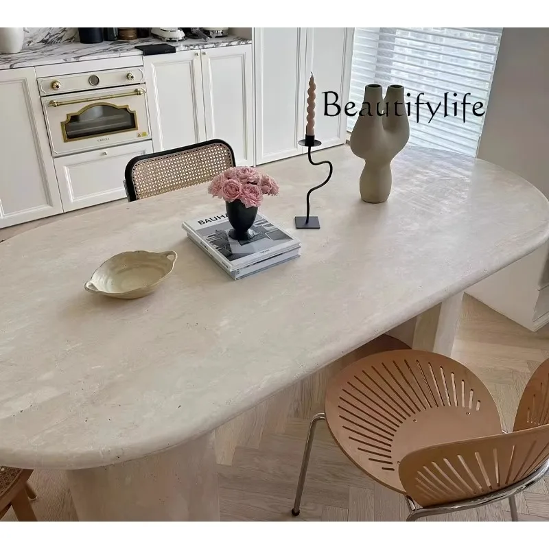 

Длинный обеденный стол из травертина цвета слоновой кости, французская минималистичная вилла B & B, длинный французский обеденный стол