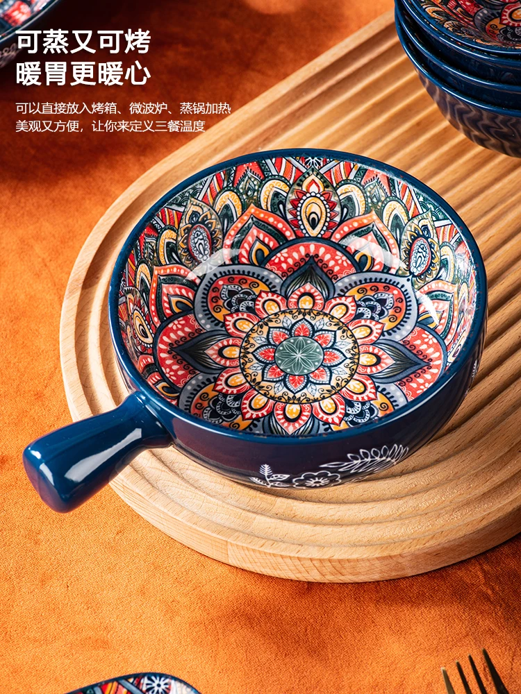 Bohemian ceramic dishes tableware household baking tray handle bowl high beauty rice bowl double ear soup bowl plate