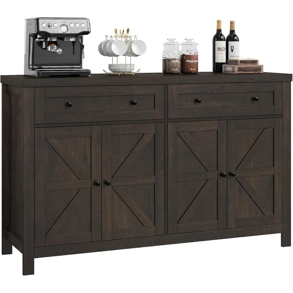 

US 55" Buffet Sideboard Cabinet with Storage, Modern Farmhouse Coffee Bar Cabinet with Drawers and Shelves, Barn Doors Storage