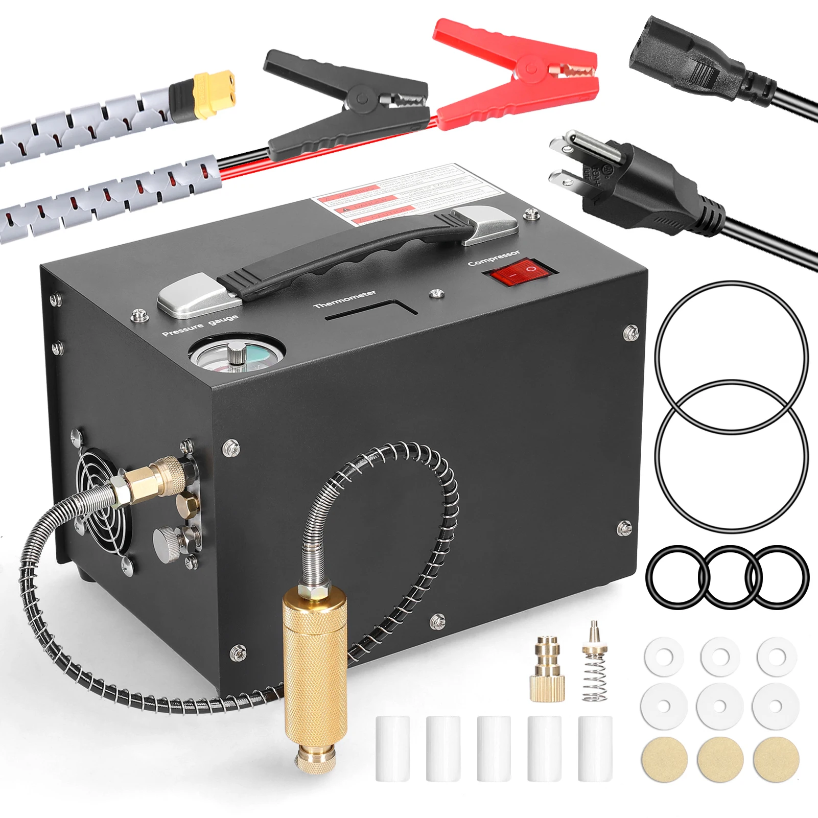 

4500PSI electric high-pressure air compressor and barometer, outdoor car tire inflation pump and built-in transformer