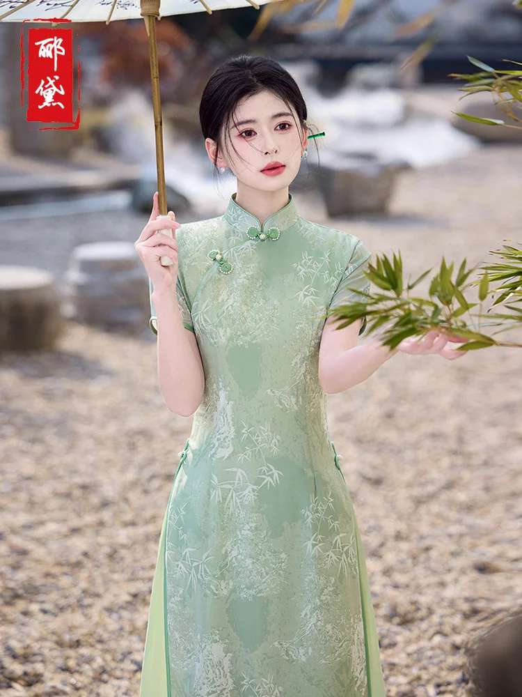 

New 2025 een Chinese Sle Young Girl Retro Dr National Sle New Version Qipao Mid-Length Floral Pattern Brea...