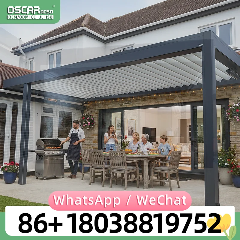Outdoor Retractable Aluminum Pergola Adjustable Louvered Roof Waterproof Motorized Pavilion Gazebo for Garden Backyard Patio per