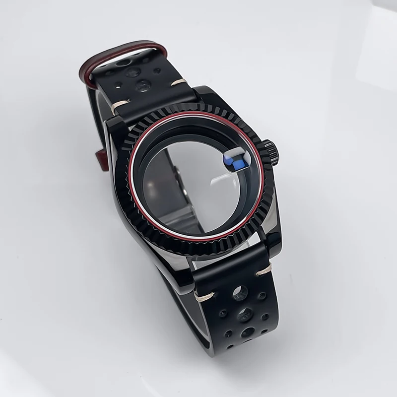 All Black Red Pad Case 39mm NH35 Case Groove Bezel Sapphire Glass Strap Suitable for Seik Mod Diy Suitable for NH35 Movement