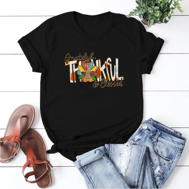 Thankful Grateful Blessed with Turkey Shirt Thanksgiving T-Shirt Fall Vibes Graphic Tee Gothic Turkey Women Tops 100% Cotton