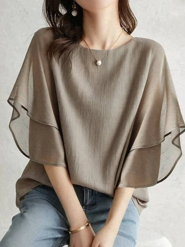 Summer New Women's Pure Color Short Sleeve Batwing Shirt Loose round Neck Casual Versatile Chiffon Top Japanese Style Cross-B...
