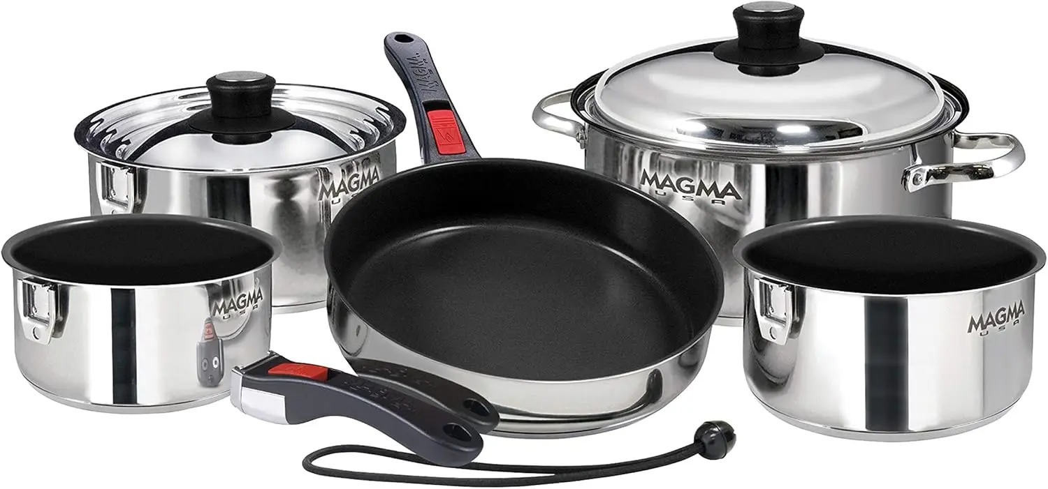 

10 Piece Gourmet Nesting Stainless Steel Cookware Set with Ceramica Non-Stick, Induction Compatible, Oven Safe to 500°F - Suitab
