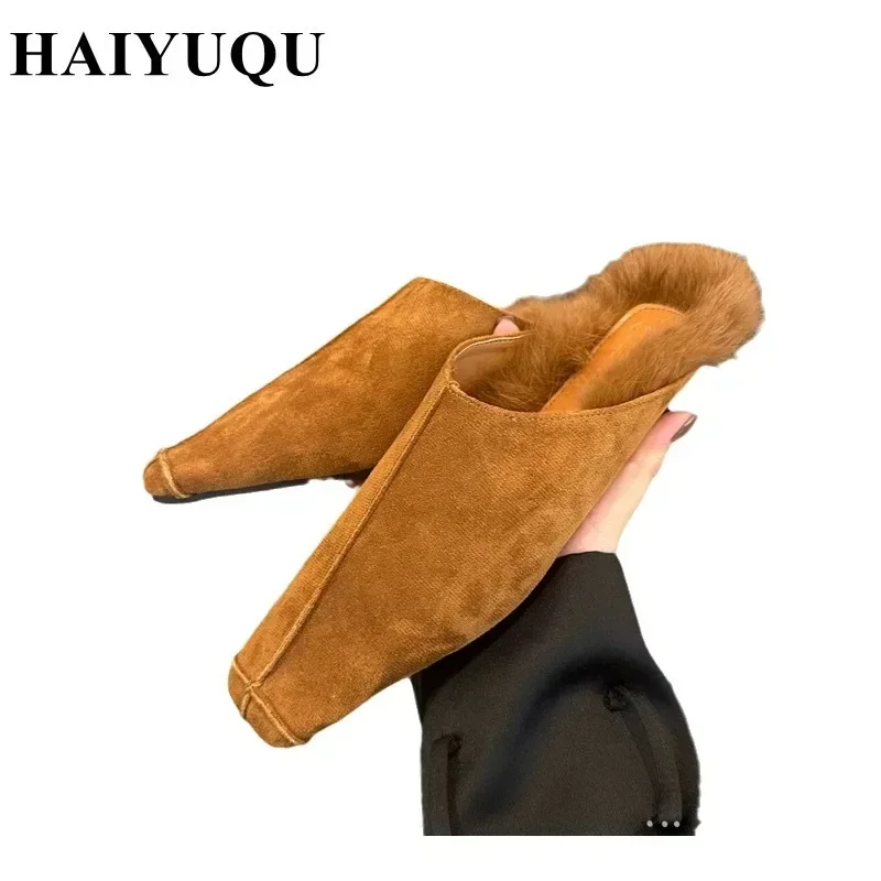 Luxury Furry Women Slippers Designer Mules Shoes Winter Suede Fur Slides 2025 Trend Square Toe Low Heels Plush Snow Botas Mujer