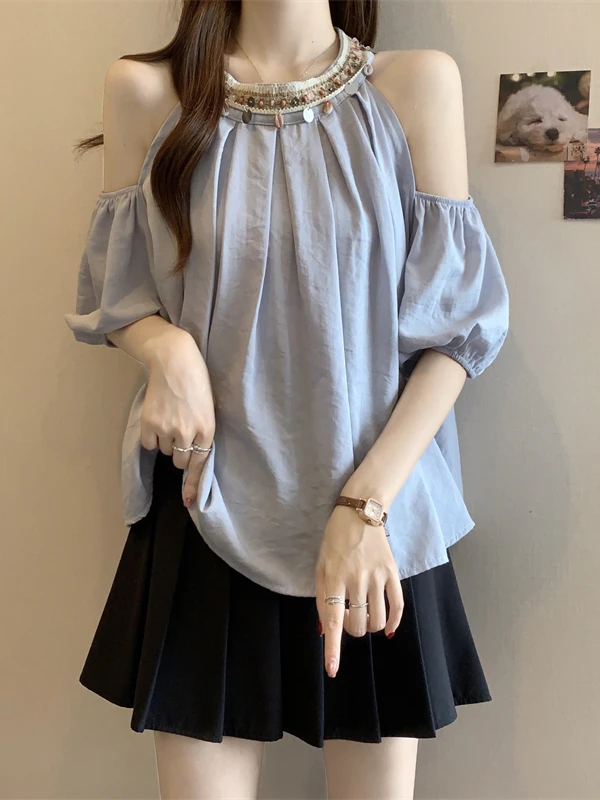 

Женский летний шифоновый топ с открытыми плечами и бахромой, больших размеров, скрывающий живот, плиссированный, с эффектом похудения, в стиле принцесса