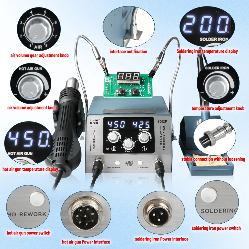 Kaisi 8512P Soldering Station 700W 2 in 1 Mechanical Arm Hot Air Rework Station T12 Soldering Iron Tip  BGA Repair Welding Tools