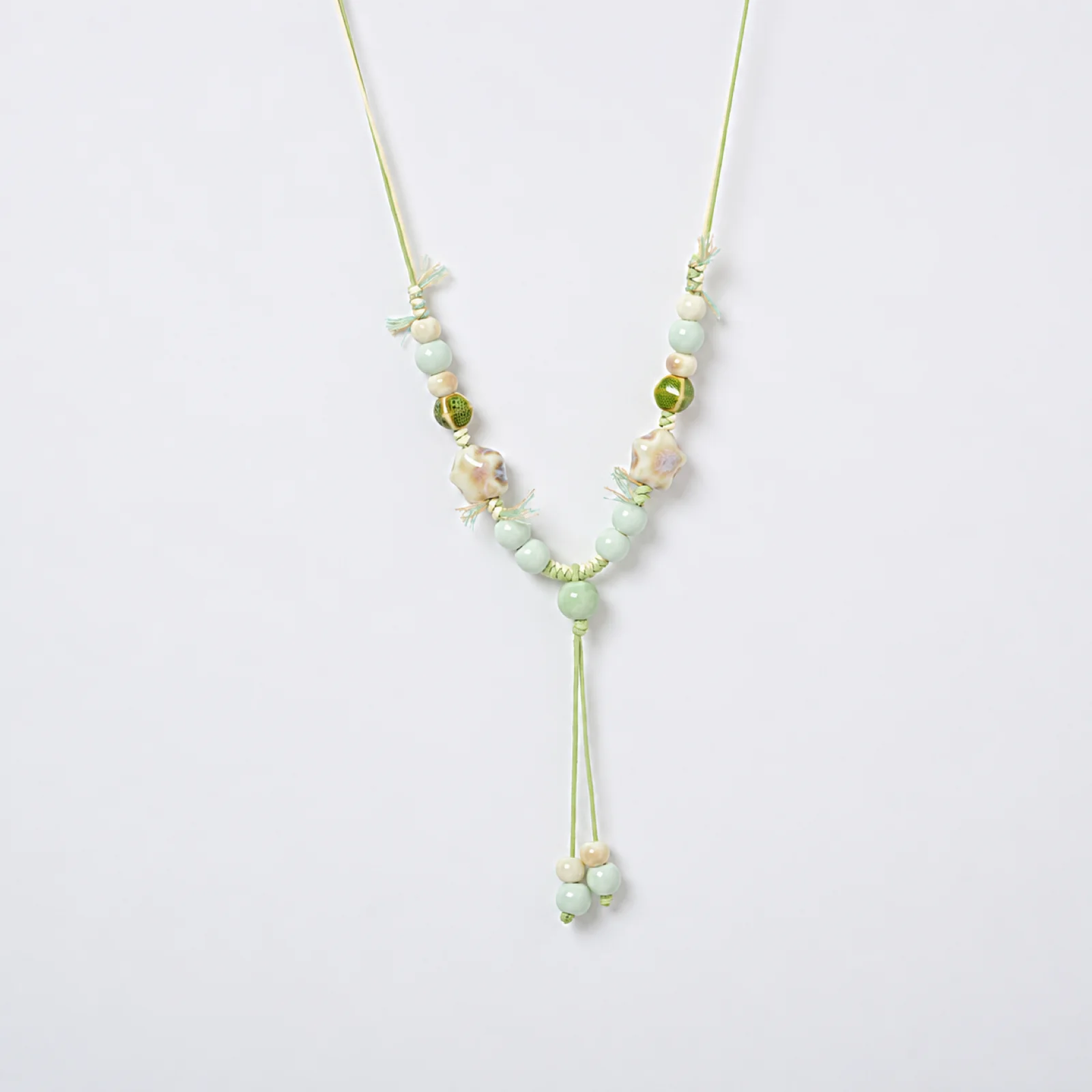 Green Fluorescent Handmade Ceramic Necklace Handwoven Waxed Cord Star Beads Adjustable Pendant Artisan Jewelry 608P1-16
