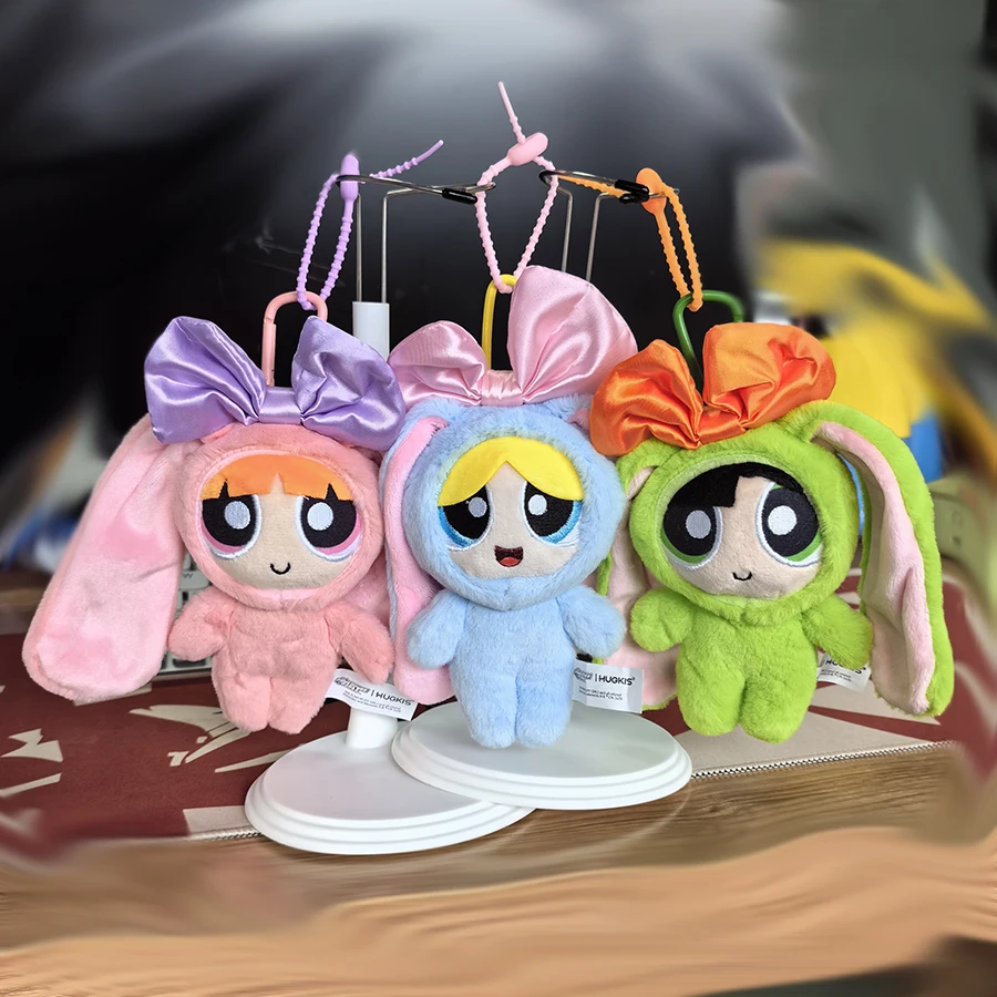 

12CM Powerpuff Girls Keychain – Bunny Bow Tie Plush Toy with Imitation Rabbit Fur Fabric, Cute Cartoon Pendant for Girls