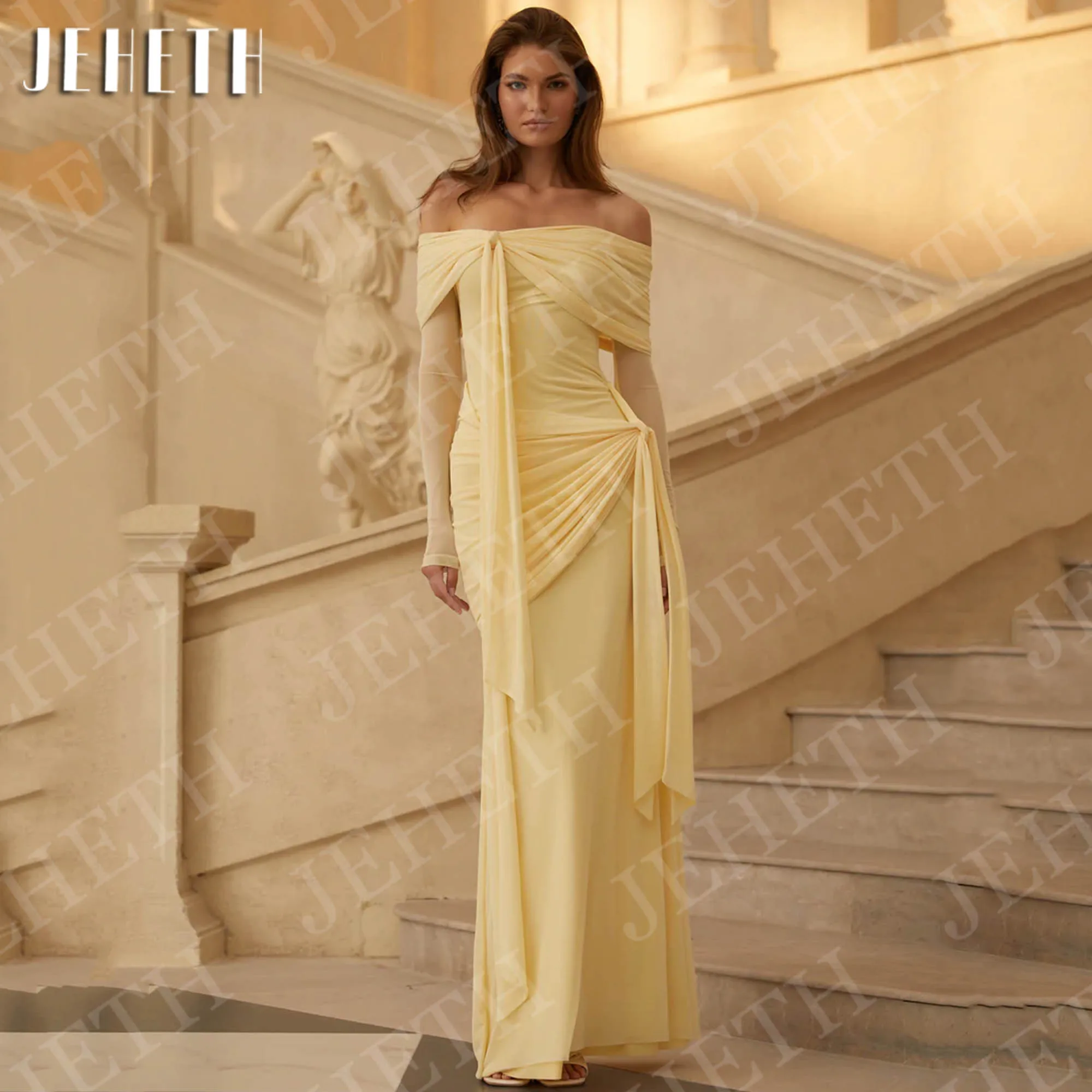 

JEHETH Chiffon Evening Dress Off Shoulder Yellow Mermaid Long Sleeves Wedding Guest Dresses Customized vestidos de gala de noche