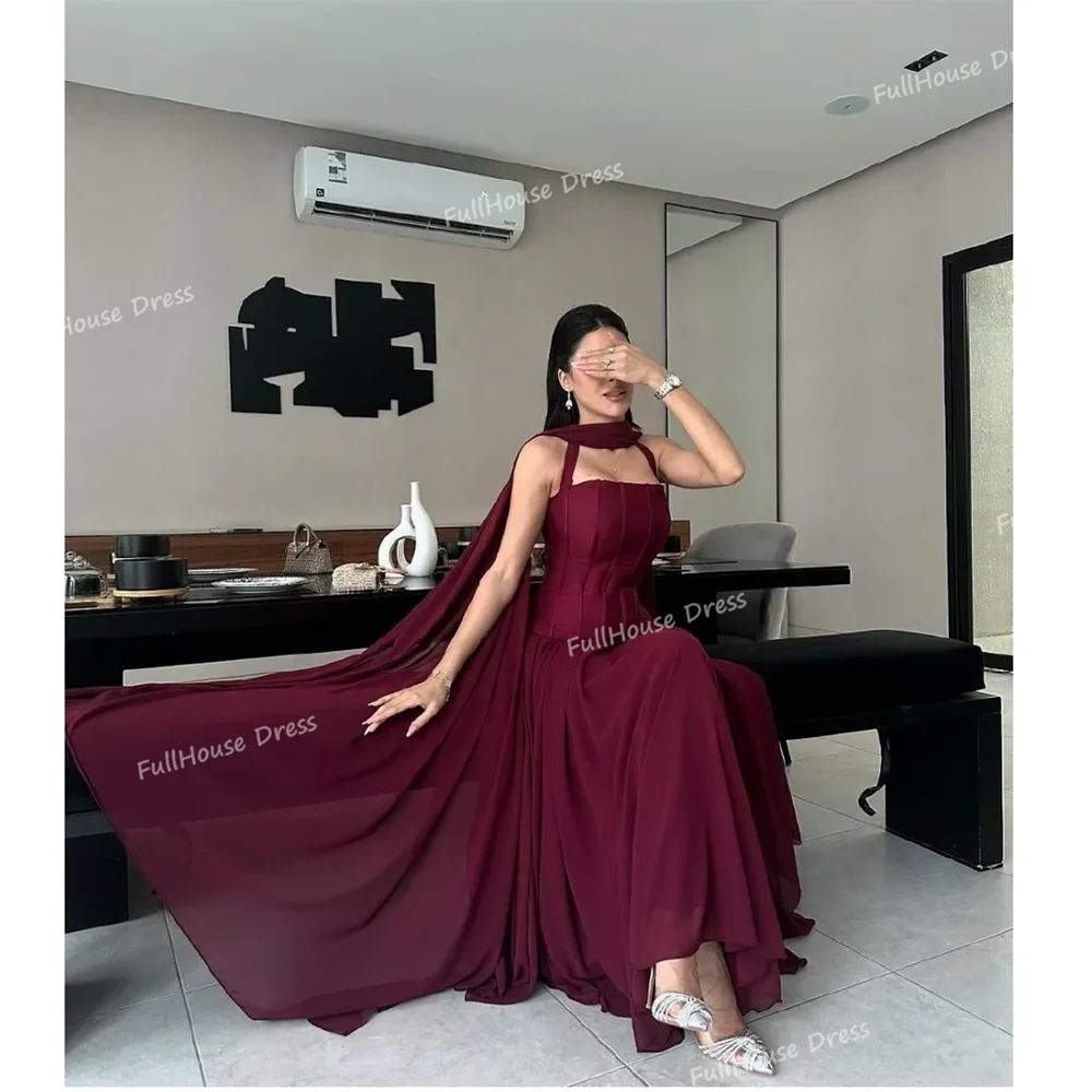 فستان سعودي ذو ياقة قارب حديثة مصنوع حسب الطلب بطبقات على شكل حرف a بطول الكاحل فستان حفلات بدون ظهر مع شال شارون سعي