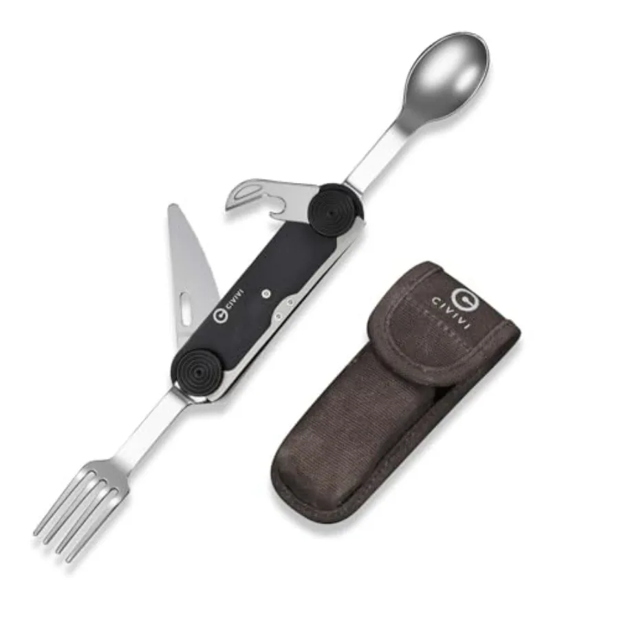 

4-in-1 Camping Utensil Detachable Stainless Steel Folding Knife Fork Spoon Bottle Opener Multi-Tool with Waxed Canvas Pouch for