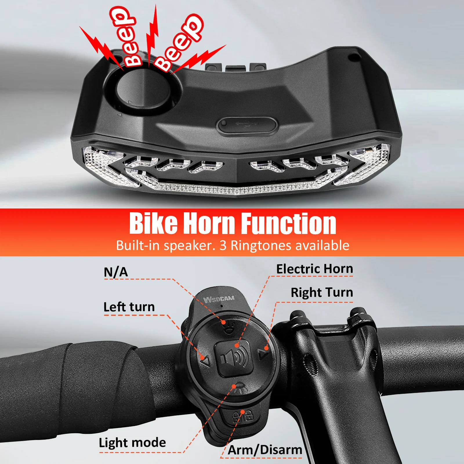 Awapow alarma de bicicleta antirrobo alarma de luz trasera de bicicleta LED luz trasera impermeable con soporte de montaje lámpara de bicicleta