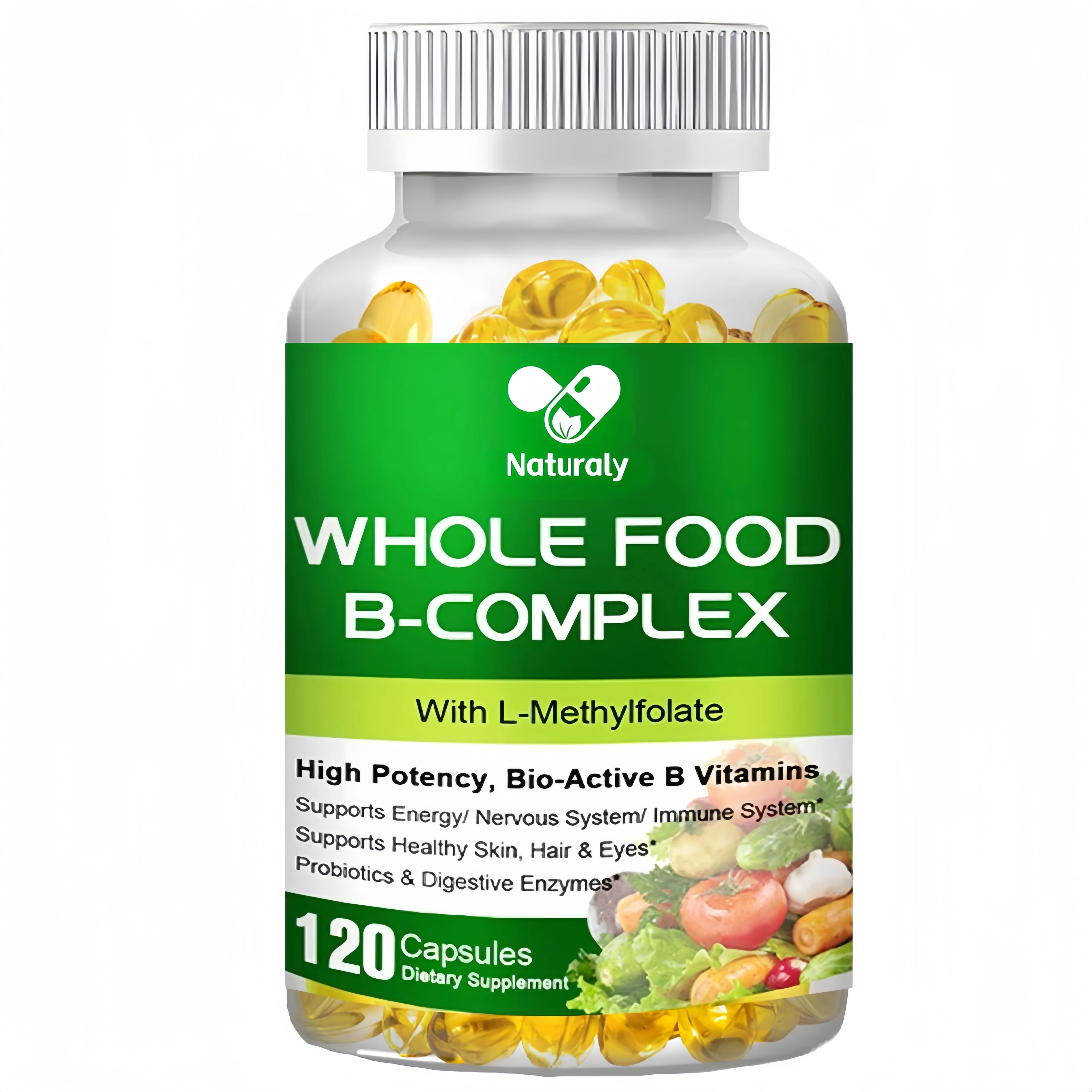 Vitamin B Complex Capsules B1, B2, B3, B5, B6, B7, B9, B12 Whole Food Supplement for Stress, Energy and Immune Support Non-GMO